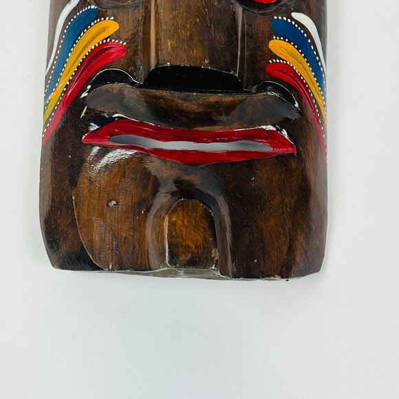 Hand Carved Vintage Wooden Hand Painted Tribal Art Deco Hanging Face 17" x 9" - Picture 5 of 8